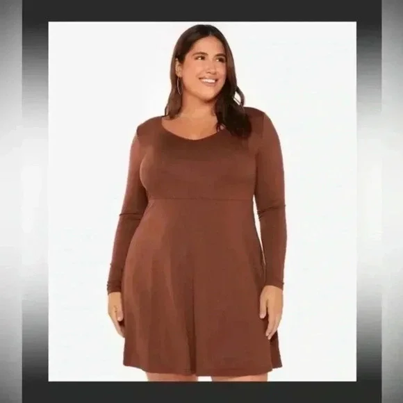 BNWT PLUS V-neck Long Sleeve Dress, Cafe Brown - Picture 3 of 7